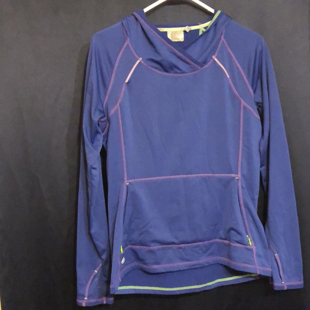 ATHLETA Jacket with Hoodie. Size Small. Purple with Neon green accents.